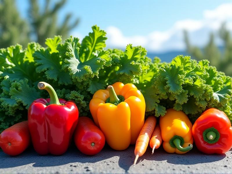 Colorful array of fresh vegetables, including kale, bell peppers, and carrots, arranged on a stone countertop under bright sunlight. Shadows and textures highlight the produce's crispness, symbolizing the importance of preserving nutrients like vitamins A, C, and folate during high-altitude meal preparation.